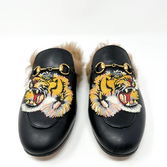 Gucci Princetown Tiger Fur Lined Round Toe Horsebit Canvas Flat Loafer Mules - Picture 3 of 13
